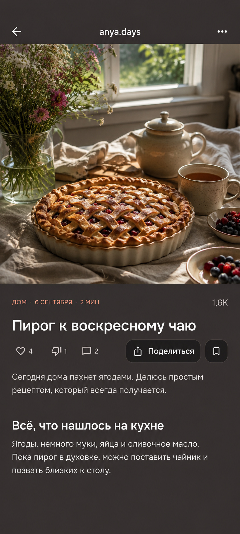Публикация с фотографией домашнего пирога в MOTI